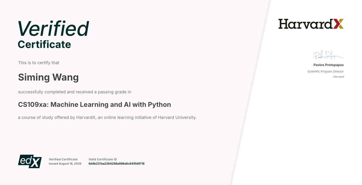 HarvardX CS109xa Machine Learning and AI with Python Verified Certificate
